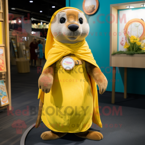 Yellow Otter mascot costume character dressed with a Wrap Skirt and Brooches