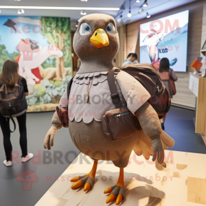 Brown Pigeon mascot costume character dressed with a Mini Dress and Backpacks