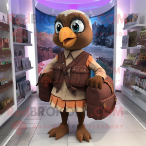 Brown Pigeon mascot costume character dressed with a Mini Dress and Backpacks