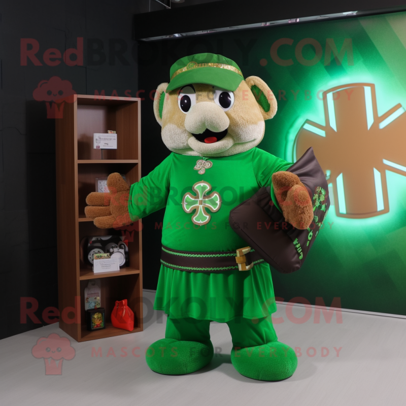 Green Celtic Cross mascot costume character dressed with a T-Shirt and Clutch bags