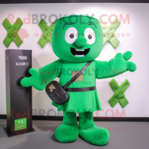 Green Celtic Cross mascot costume character dressed with a T-Shirt and Clutch bags