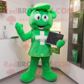 Green Celtic Cross mascot costume character dressed with a T-Shirt and Clutch bags