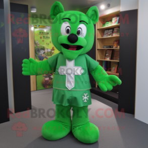 Green Celtic Cross mascot costume character dressed with a T-Shirt and Clutch bags