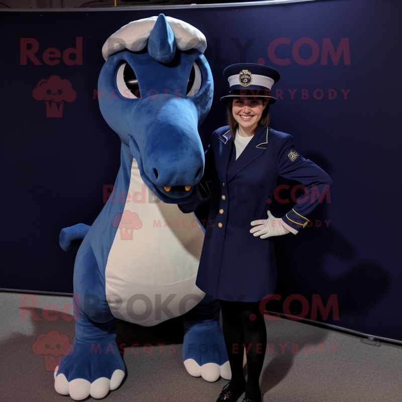 Navy Diplodocus mascot costume character dressed with a Mini Skirt and Hats