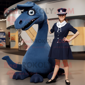 Navy Diplodocus mascot costume character dressed with a Mini Skirt and Hats