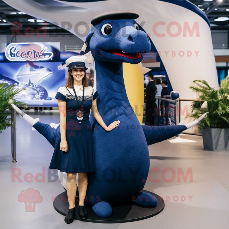 Navy Diplodocus mascot costume character dressed with a Mini Skirt and Hats