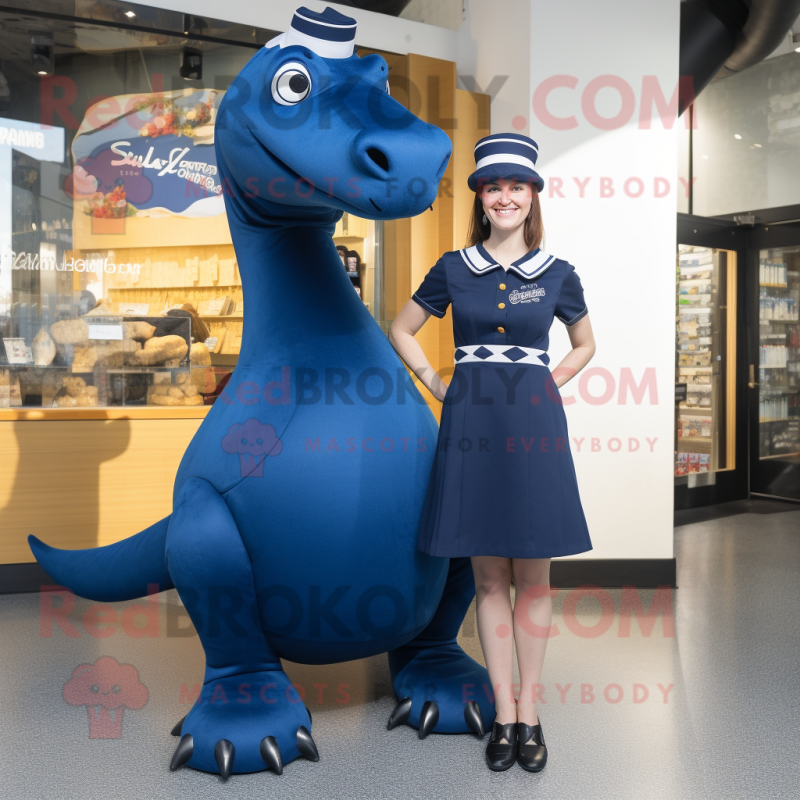 Navy Diplodocus mascot costume character dressed with a Mini Skirt and Hats