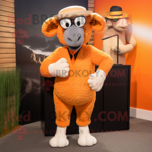 Orange Merino Sheep mascot costume character dressed with a Suit and Berets