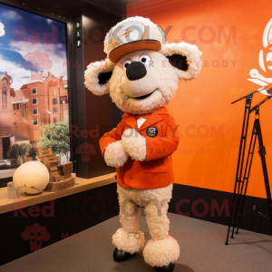 Orange Merino Sheep mascot costume character dressed with a Suit and Berets