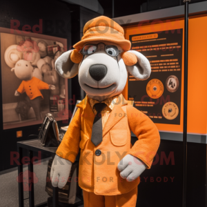 Orange Merino Sheep mascot costume character dressed with a Suit and Berets