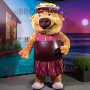 Maroon Pulled Pork Sandwich mascot costume character dressed with a Swimwear and Ties