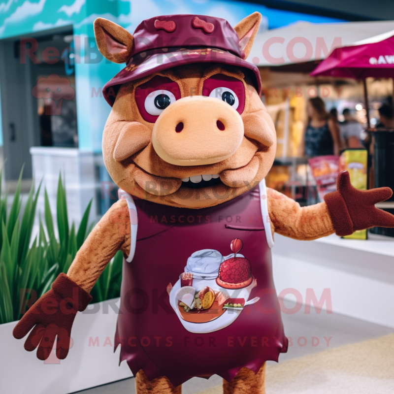 Maroon Pulled Pork Sandwich mascot costume character dressed with a Swimwear and Ties Maroon Pulled Pork Sandwich mascot costume character dressed with a Swimwear and Ties