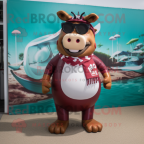 Maroon Pulled Pork Sandwich mascot costume character dressed with a Swimwear and Ties
