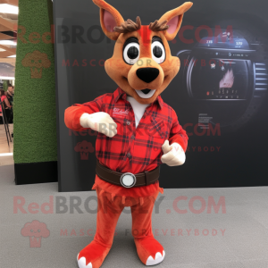 Red Roe Deer mascot costume character dressed with a Flannel Shirt and Bracelet watches