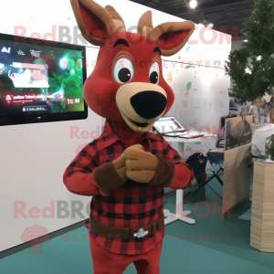 Red Roe Deer mascot costume character dressed with a Flannel Shirt and Bracelet watches
