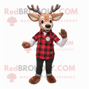 Red Roe Deer mascot costume character dressed with a Flannel Shirt and Bracelet watches