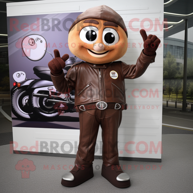 Brown Plum mascot costume character dressed with a Moto Jacket and Earrings Brown Plum mascot costume character dressed with a Moto Jacket and Earrings