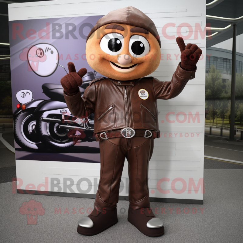 Brown Plum mascot costume character dressed with a Moto Jacket and Earrings