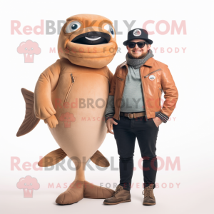 Tan Salmon mascot costume character dressed with a Biker Jacket and Cummerbunds