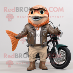 Tan Salmon mascot costume character dressed with a Biker Jacket and Cummerbunds