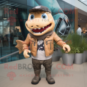 Tan Salmon mascot costume character dressed with a Biker Jacket and Cummerbunds