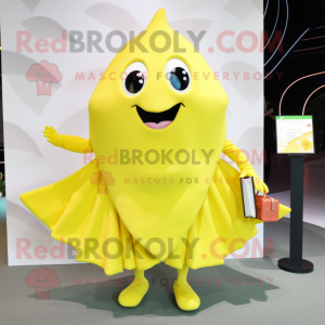 Lemon Yellow Stingray mascot costume character dressed with a Pleated Skirt and Clutch bags