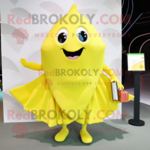 Lemon Yellow Stingray mascot costume character dressed with a Pleated Skirt and Clutch bags