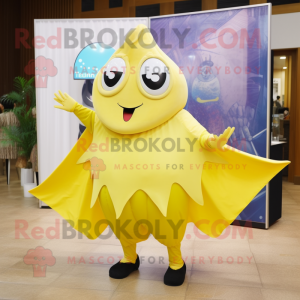 Lemon Yellow Stingray mascot costume character dressed with a Pleated Skirt and Clutch bags