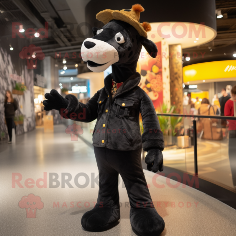 Black Giraffe mascot costume character dressed with a Jeggings and Mittens