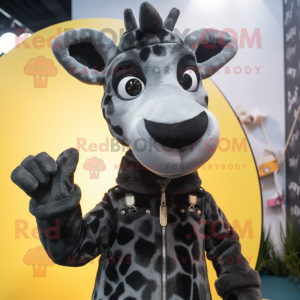 Black Giraffe mascot costume character dressed with a Jeggings and Mittens