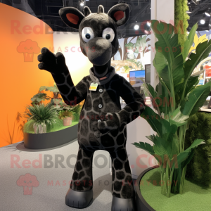 Black Giraffe mascot costume character dressed with a Jeggings and Mittens