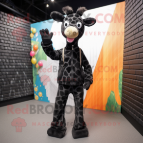 Black Giraffe mascot costume character dressed with a Jeggings and Mittens