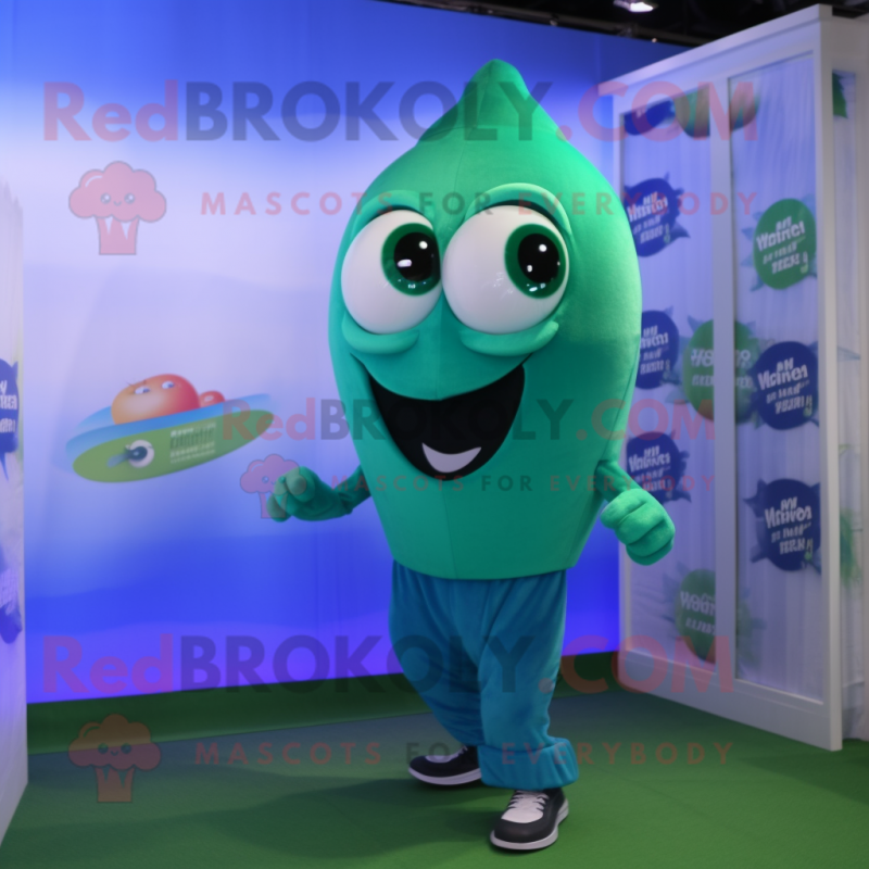 Blue Green Bean mascot costume character dressed with a T-Shirt and Lapel pins