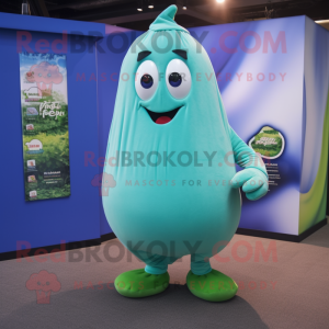 Blue Green Bean mascot costume character dressed with a T-Shirt and Lapel pins