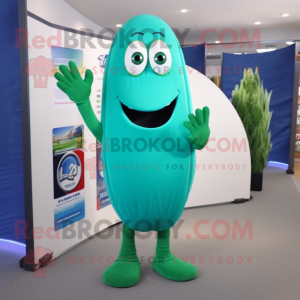 Blue Green Bean mascot costume character dressed with a T-Shirt and Lapel pins