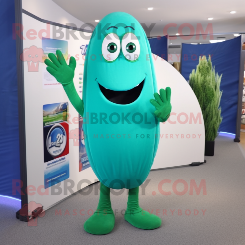 Blue Green Bean mascot costume character dressed with a T-Shirt and Lapel pins Blue Green Bean mascot costume character dressed with a T-Shirt and Lapel pins