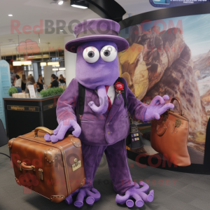 Purple Fried Calamari mascot costume character dressed with a Waistcoat and Briefcases