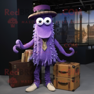 Purple Fried Calamari mascot costume character dressed with a Waistcoat and Briefcases