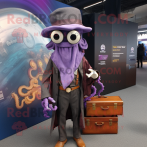 Purple Fried Calamari mascot costume character dressed with a Waistcoat and Briefcases