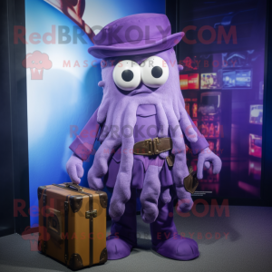 Purple Fried Calamari mascot costume character dressed with a Waistcoat and Briefcases