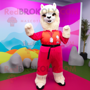 Magenta Alpaca mascot costume character dressed with a Capri Pants and Bracelets