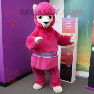 Magenta Alpaca mascot costume character dressed with a Capri Pants and Bracelets