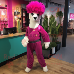 Magenta Alpaca mascot costume character dressed with a Capri Pants and Bracelets