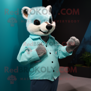 Cyan Marten mascot costume character dressed with a Button-Up Shirt and Gloves