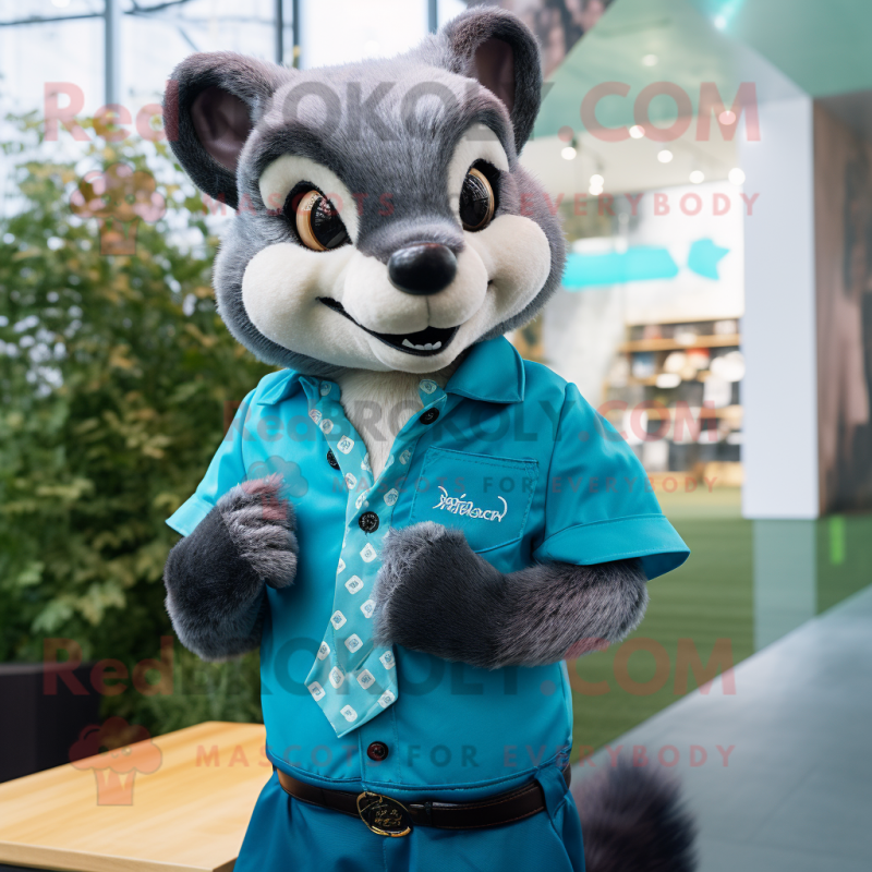 Cyan Marten mascot costume character dressed with a Button-Up Shirt and Gloves