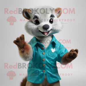 Cyan Marten mascot costume character dressed with a Button-Up Shirt and Gloves