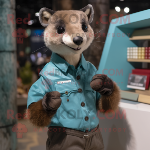 Cyan Marten mascot costume character dressed with a Button-Up Shirt and Gloves