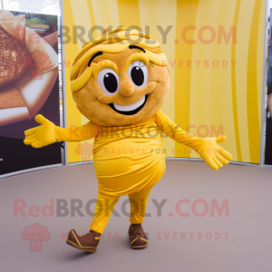 Yellow Croissant mascot costume character dressed with a Jeggings and Hairpins