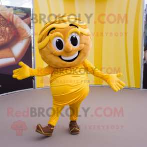 Yellow Croissant mascot costume character dressed with a Jeggings and Hairpins