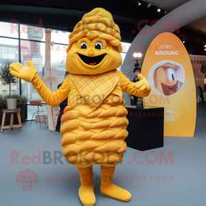 Yellow Croissant mascot costume character dressed with a Jeggings and Hairpins